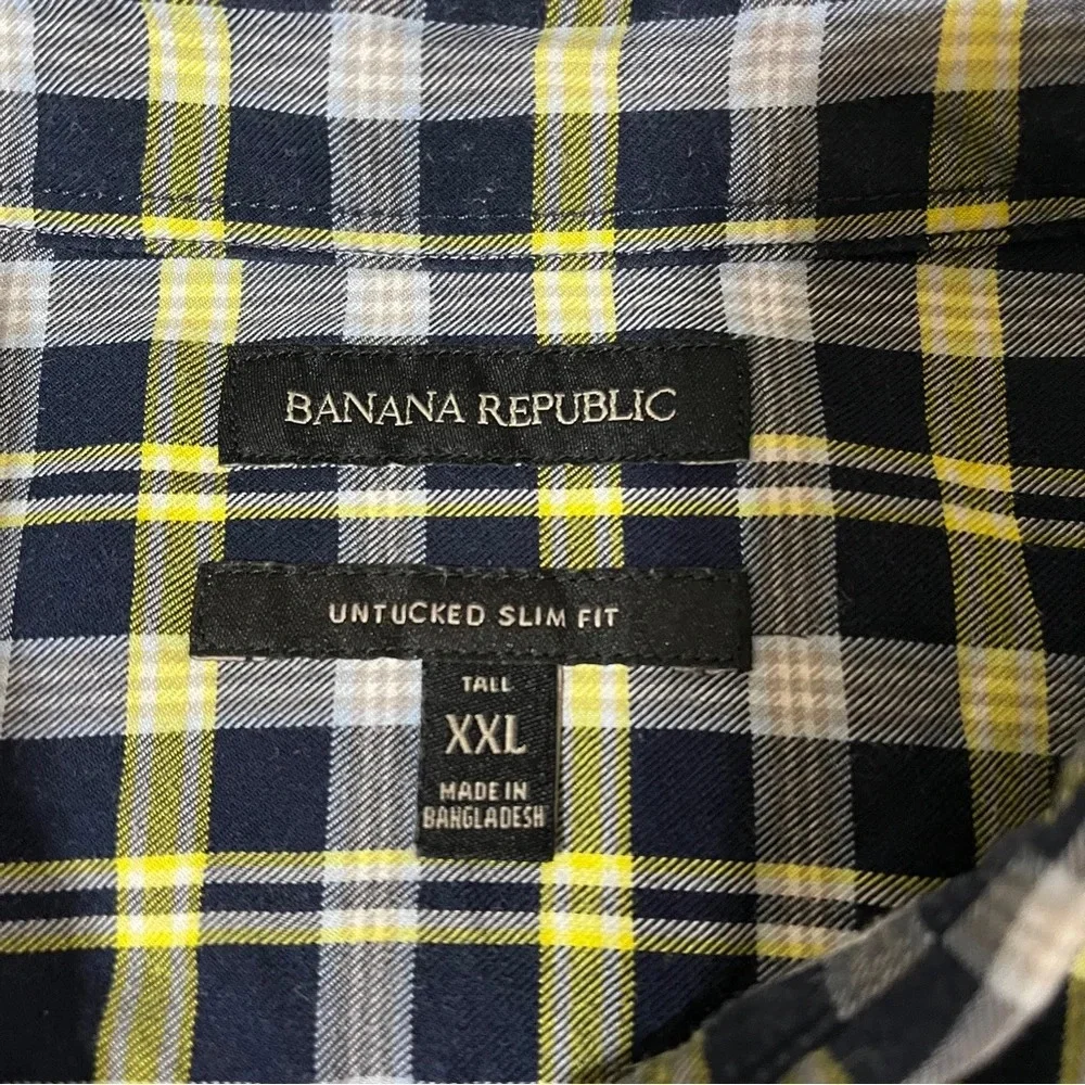 BANANA REPUBLIC Mens Untucked Slim Fit Navy Plaid Long Sleeve Shirt XXL Tall